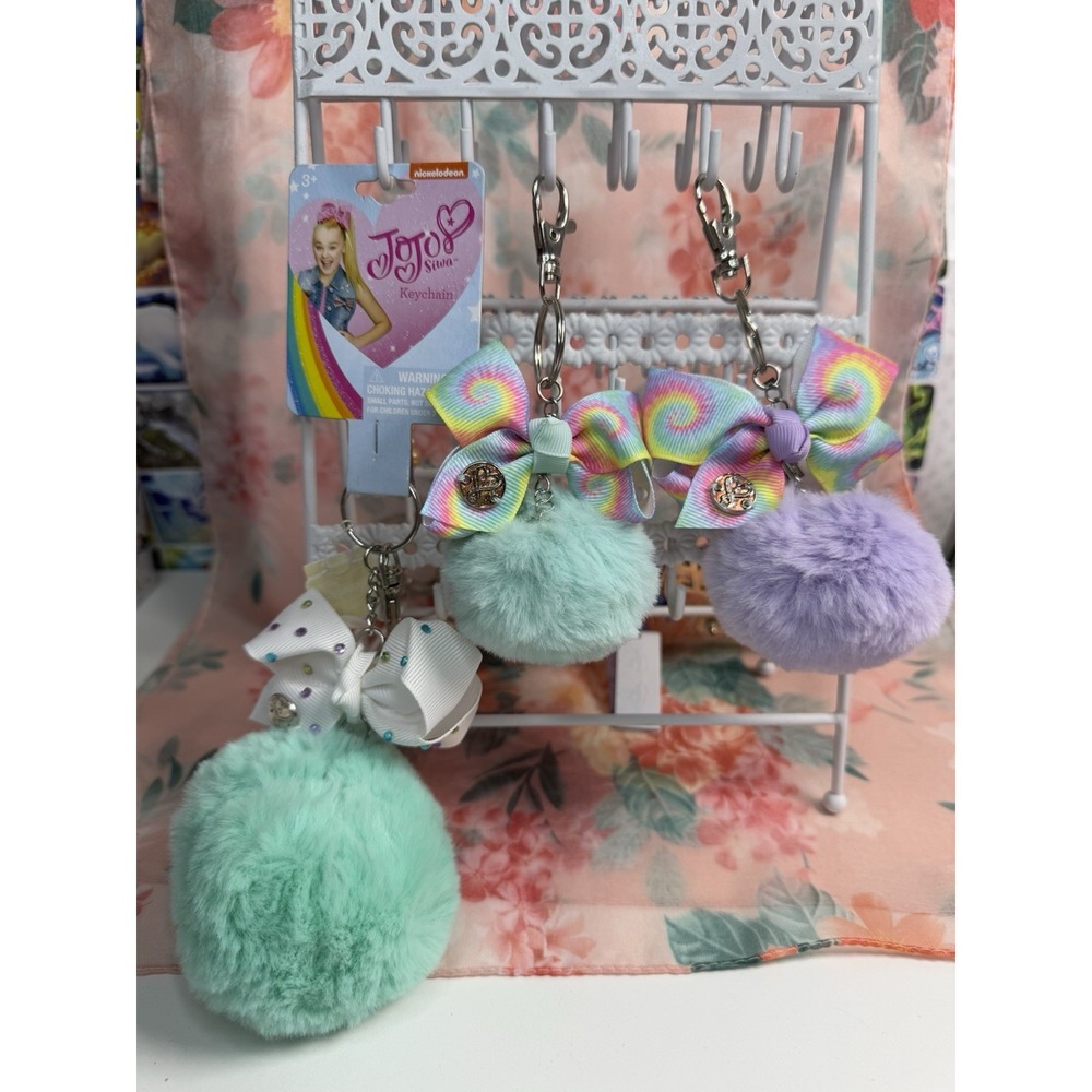 JoJo Siwa Bow Pom Pom Keychains Lot of‎ 3 Rainbow Plush Nickelodeon Accessories